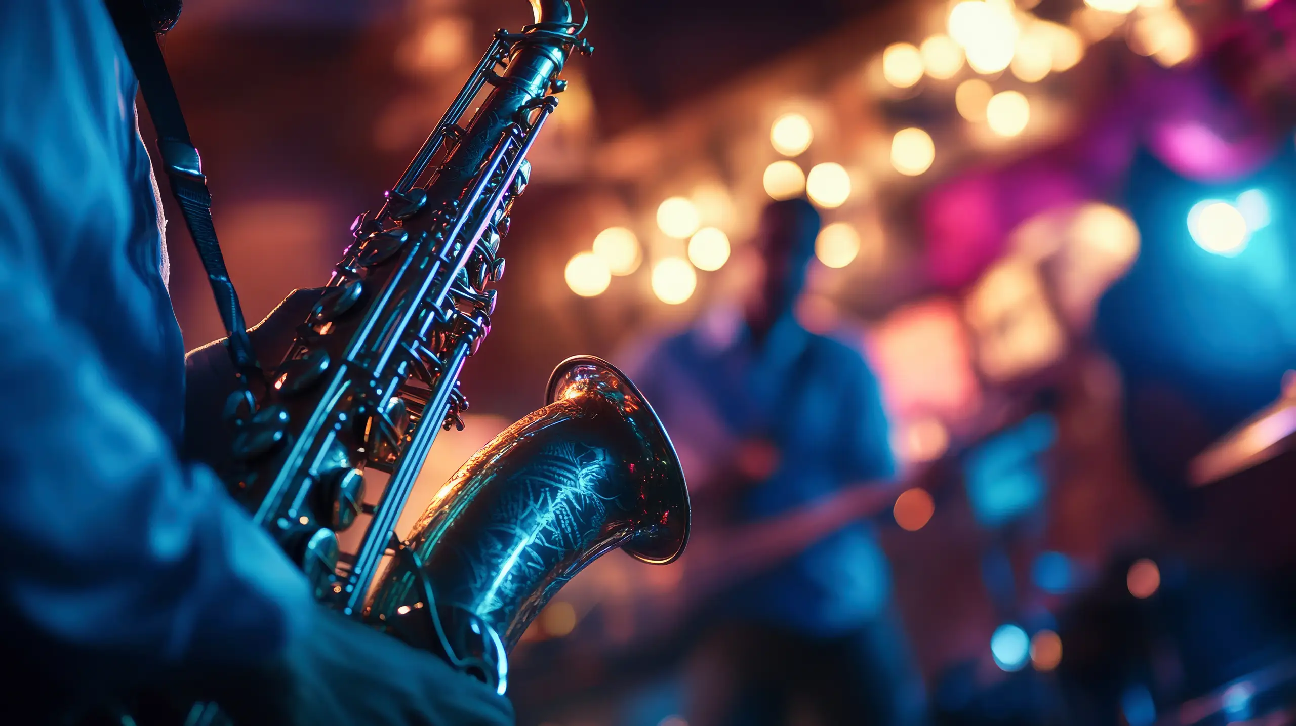 Jazz musicians in a band playing on the stage of a jazz club