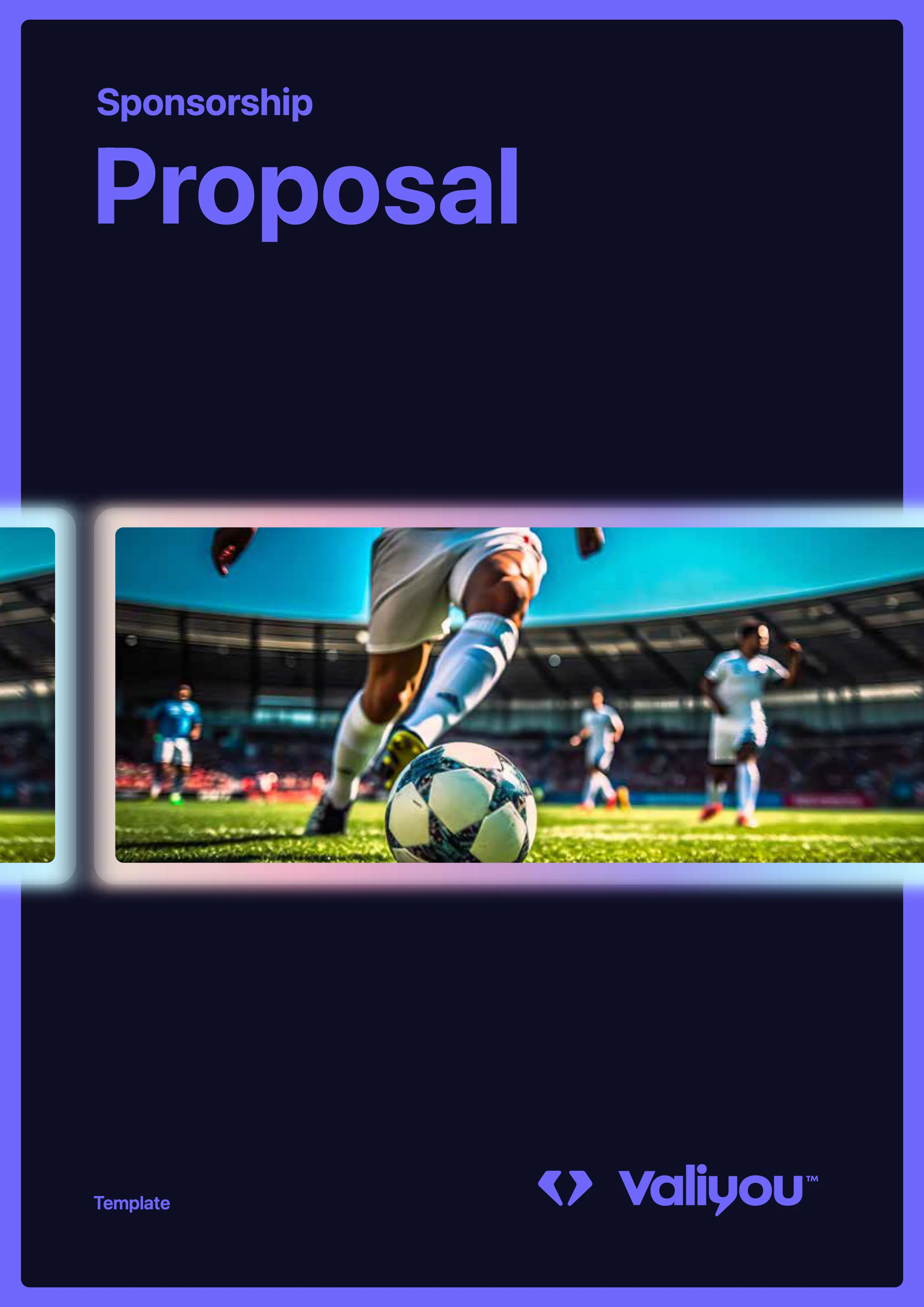 Professional sponsorship proposal template cover featuring F1 racing car, modern geometric design with blue gradient, custom branding capabilities, and Valiyou.io branding - showcasing premium sponsorship package presentation