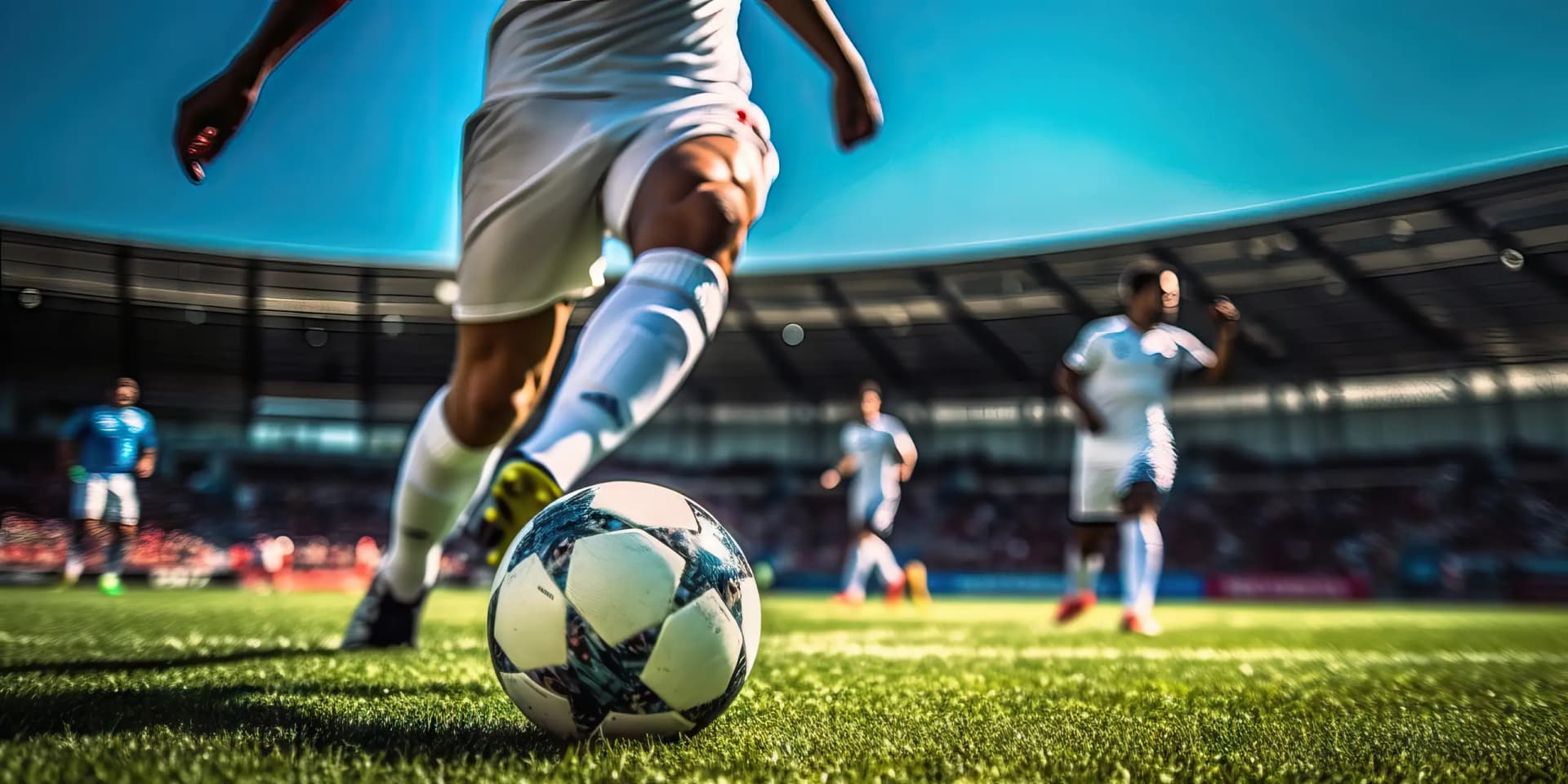 Soccer player running to kick the ball on arena field