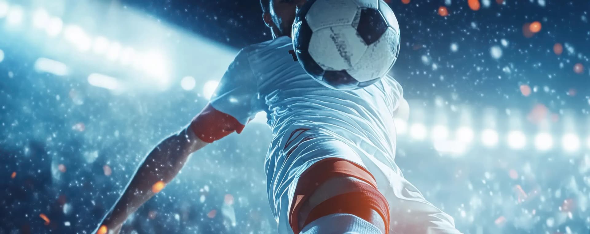 Close-up of a soccer player in virtual reality about to kick a ball in a futuristic stadium