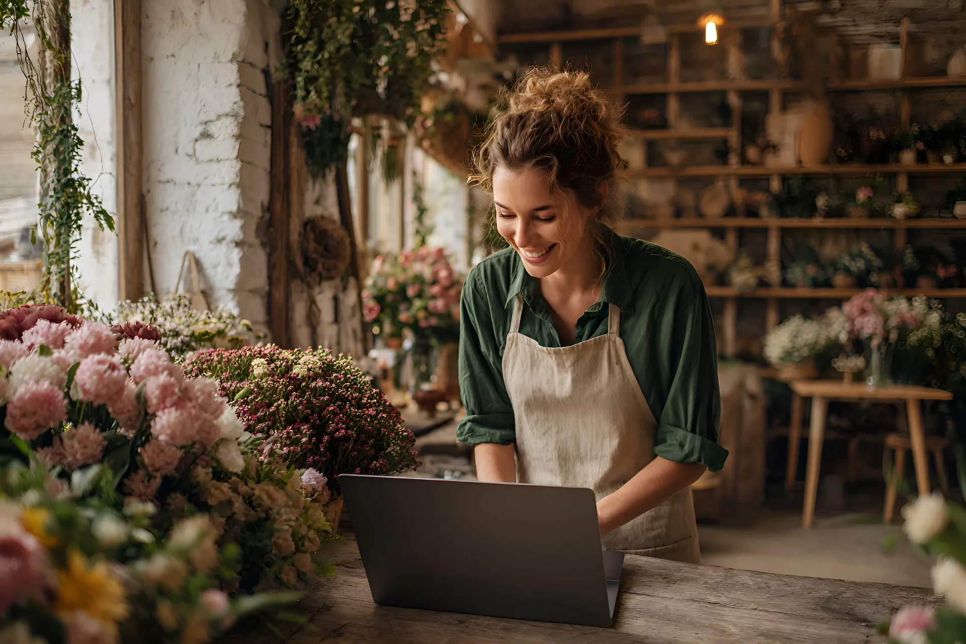 Florist managing flower shop with laptop