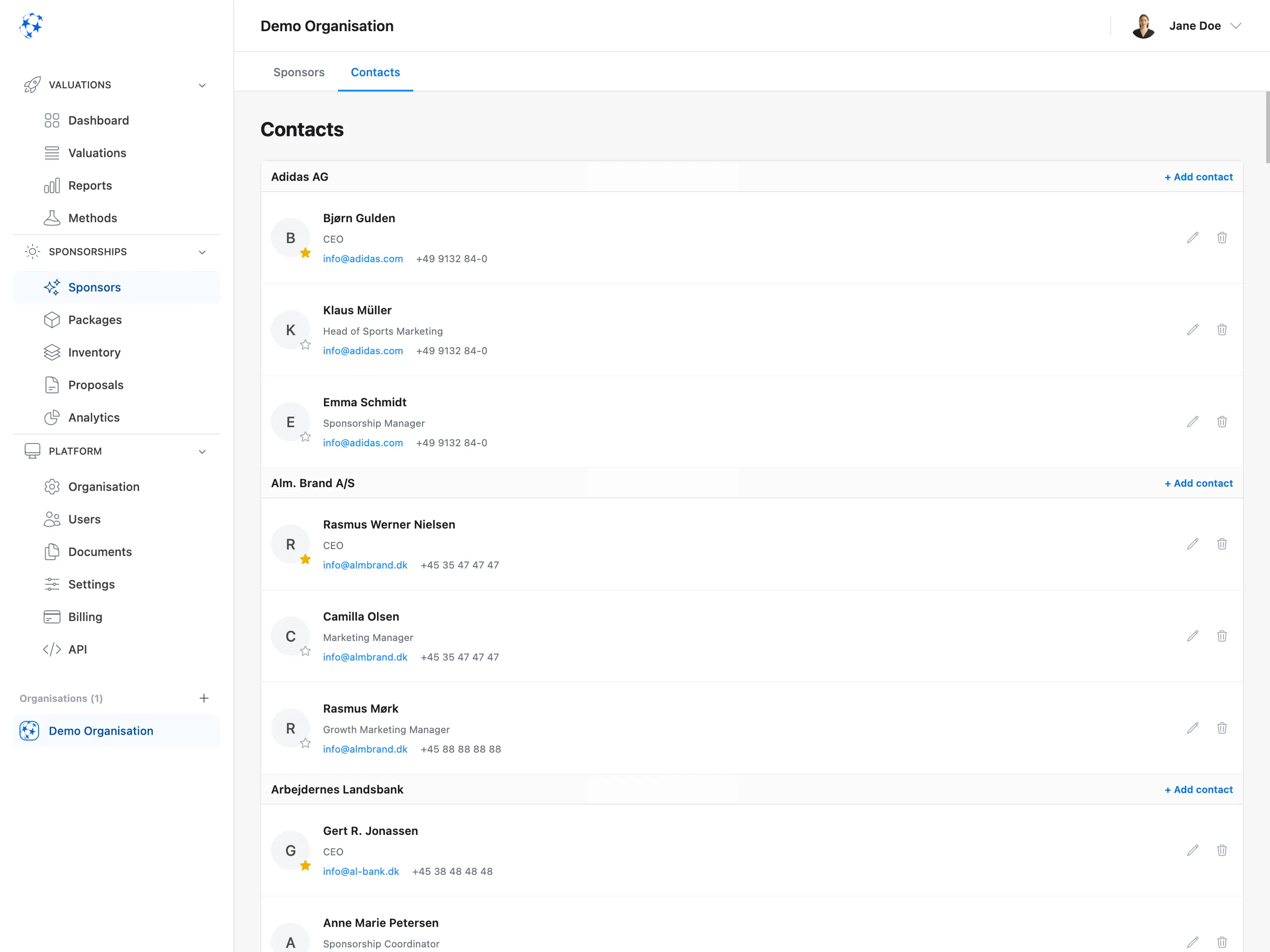 Valiyou Contacts Management interface displaying CRM dashboard with contact lists, sponsor relationship tracking, partnership connections, communication history, and direct messaging tools - centralized sponsorship contact management