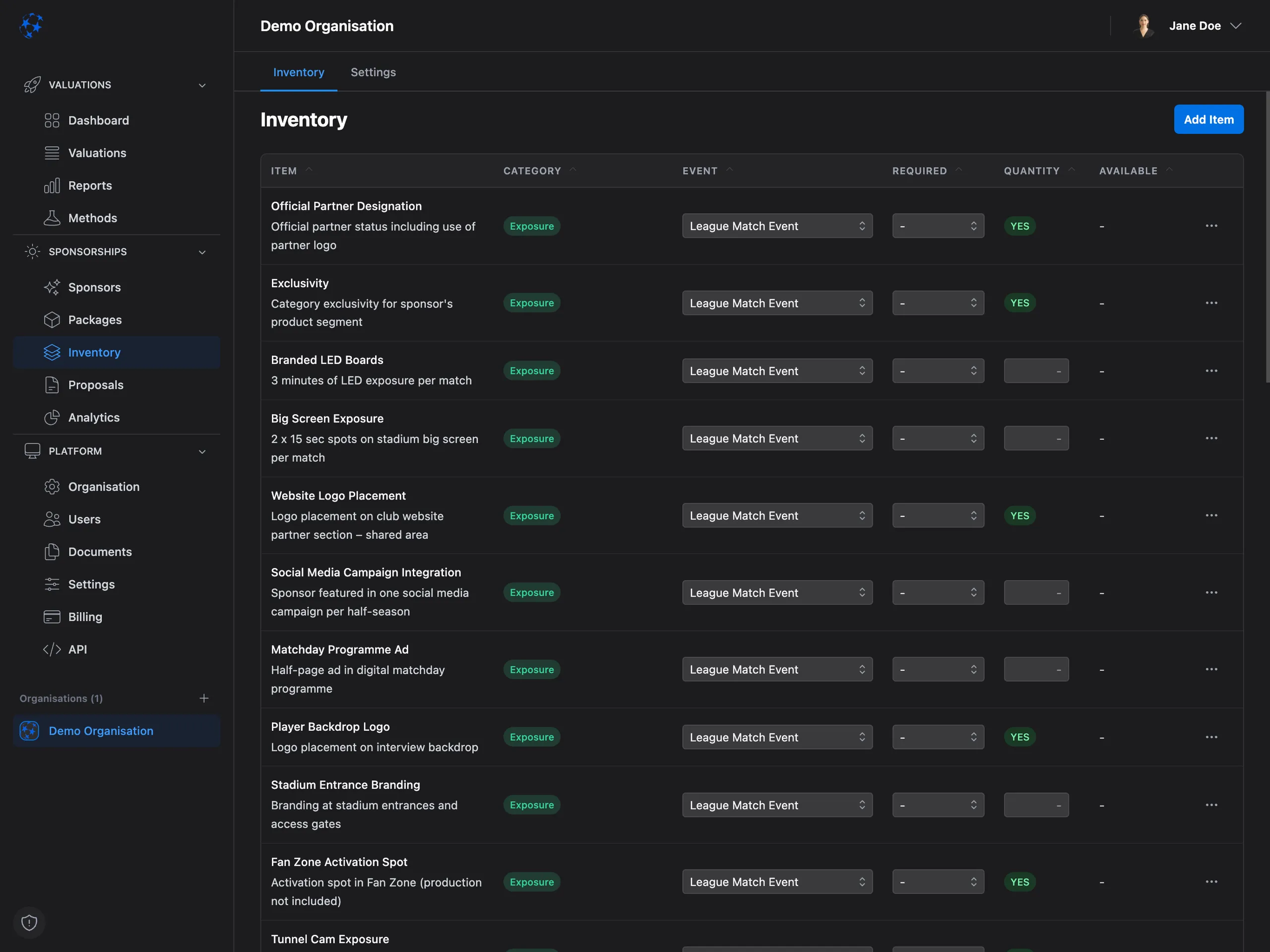 Valiyou Inventory Management system displaying sponsorship asset tracking, availability monitoring, pricing management, allocation overview, smart categorization with tags, real-time availability status, and asset portfolio optimization - complete sponsorship inventory control