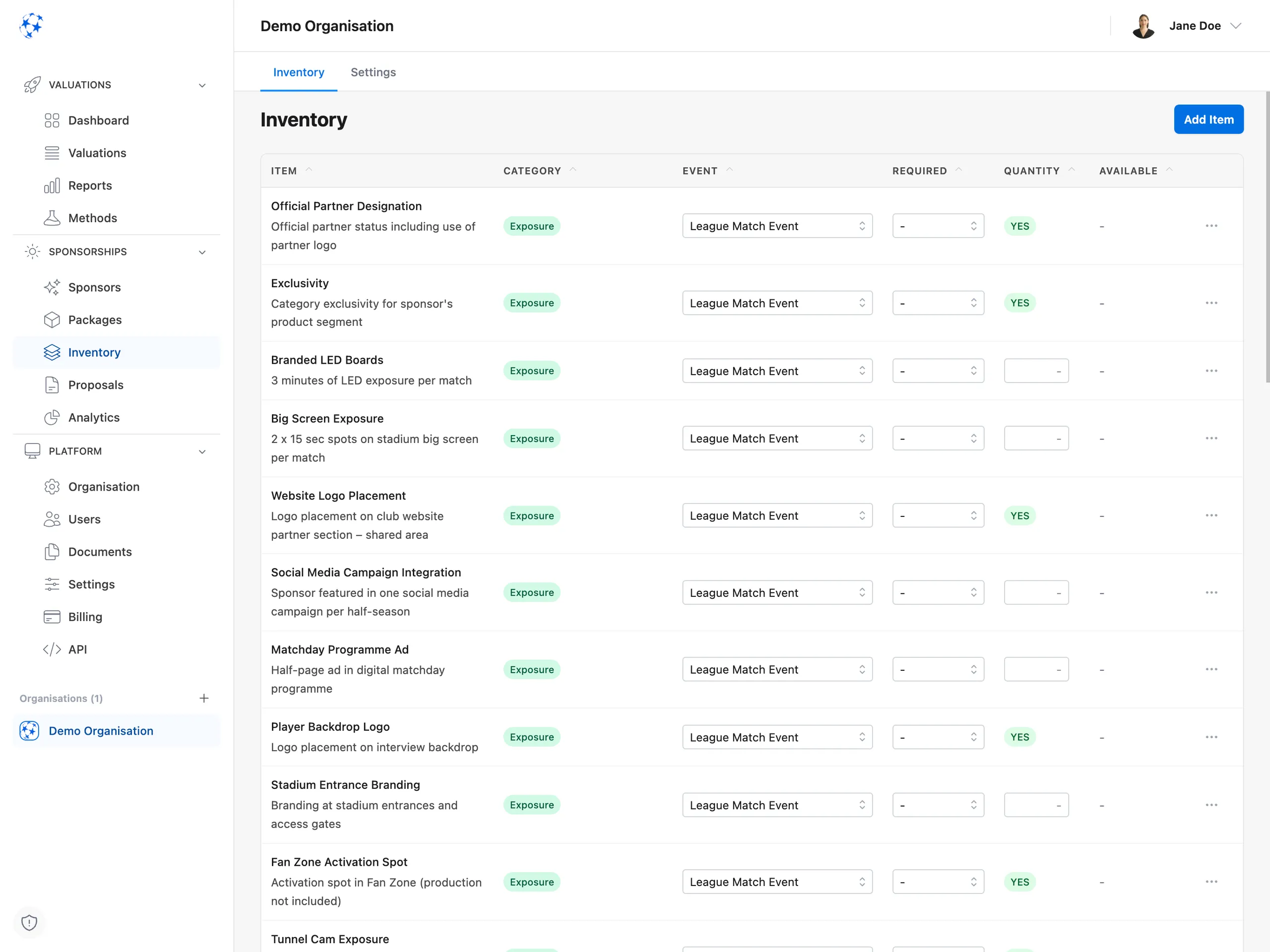 Valiyou Inventory Management system displaying sponsorship asset tracking, availability monitoring, pricing management, allocation overview, smart categorization with tags, real-time availability status, and asset portfolio optimization - complete sponsorship inventory control