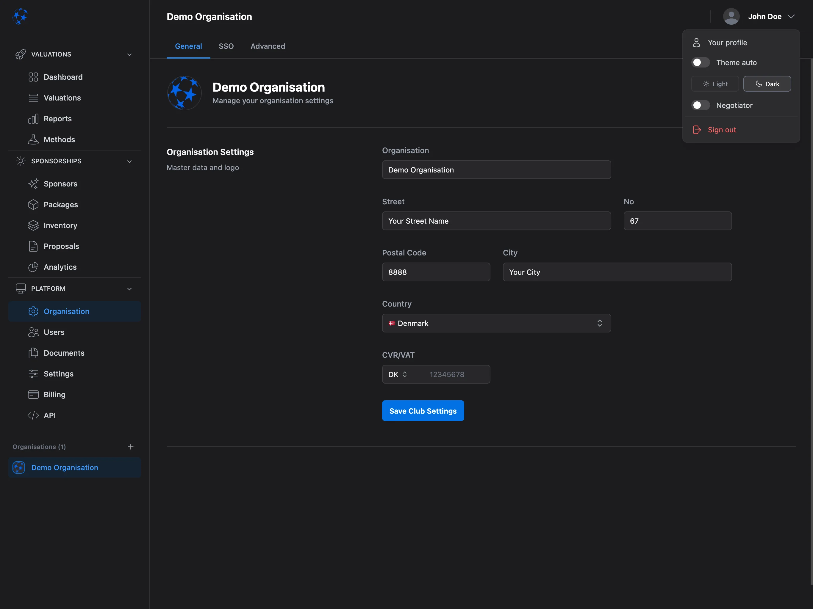 Valiyou Organisation Management Dashboard with user permissions, team structure, role assignments, master data configuration, subscription management, integration settings, and multi-organizational access control - complete platform administration