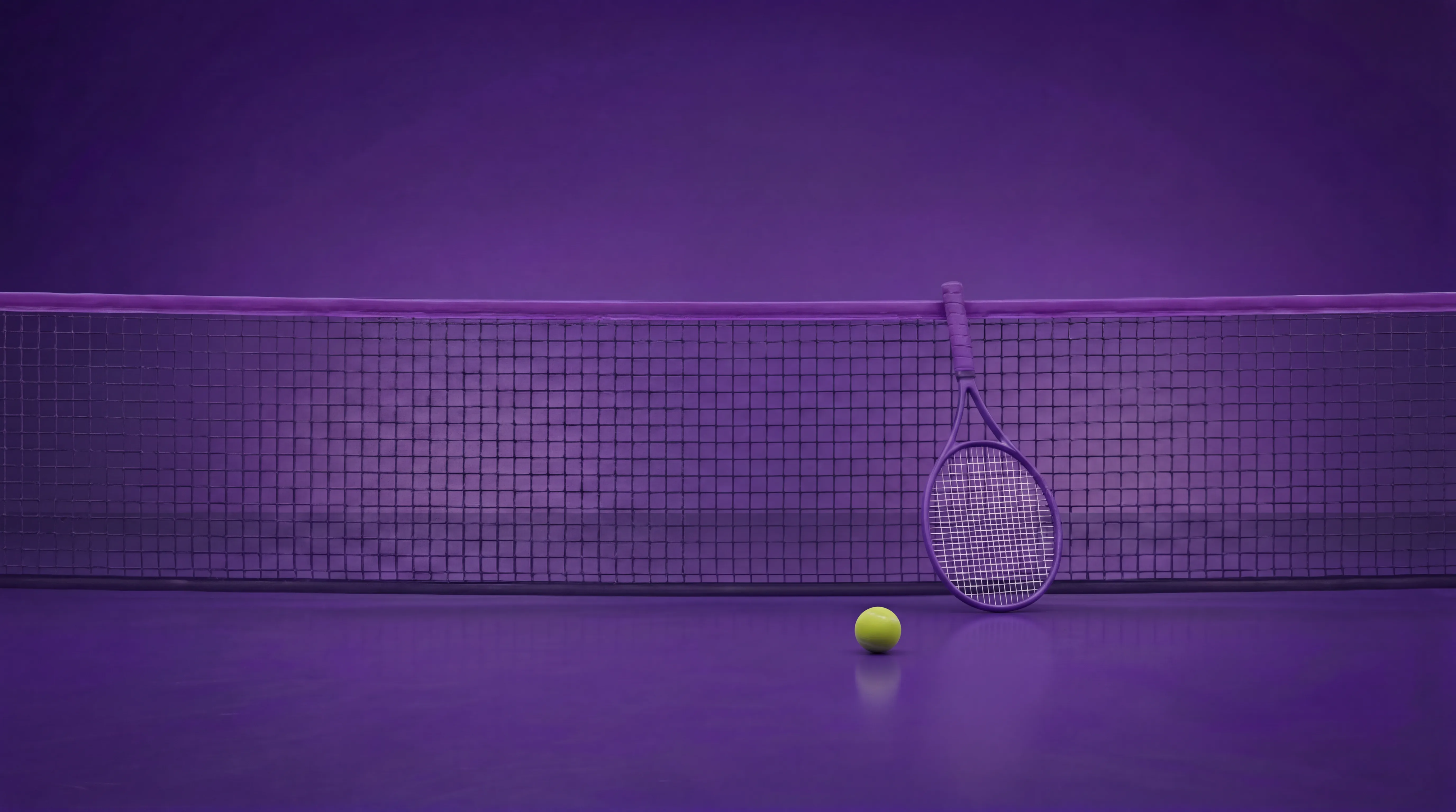 Purple tennis court with racket and tennis ball
