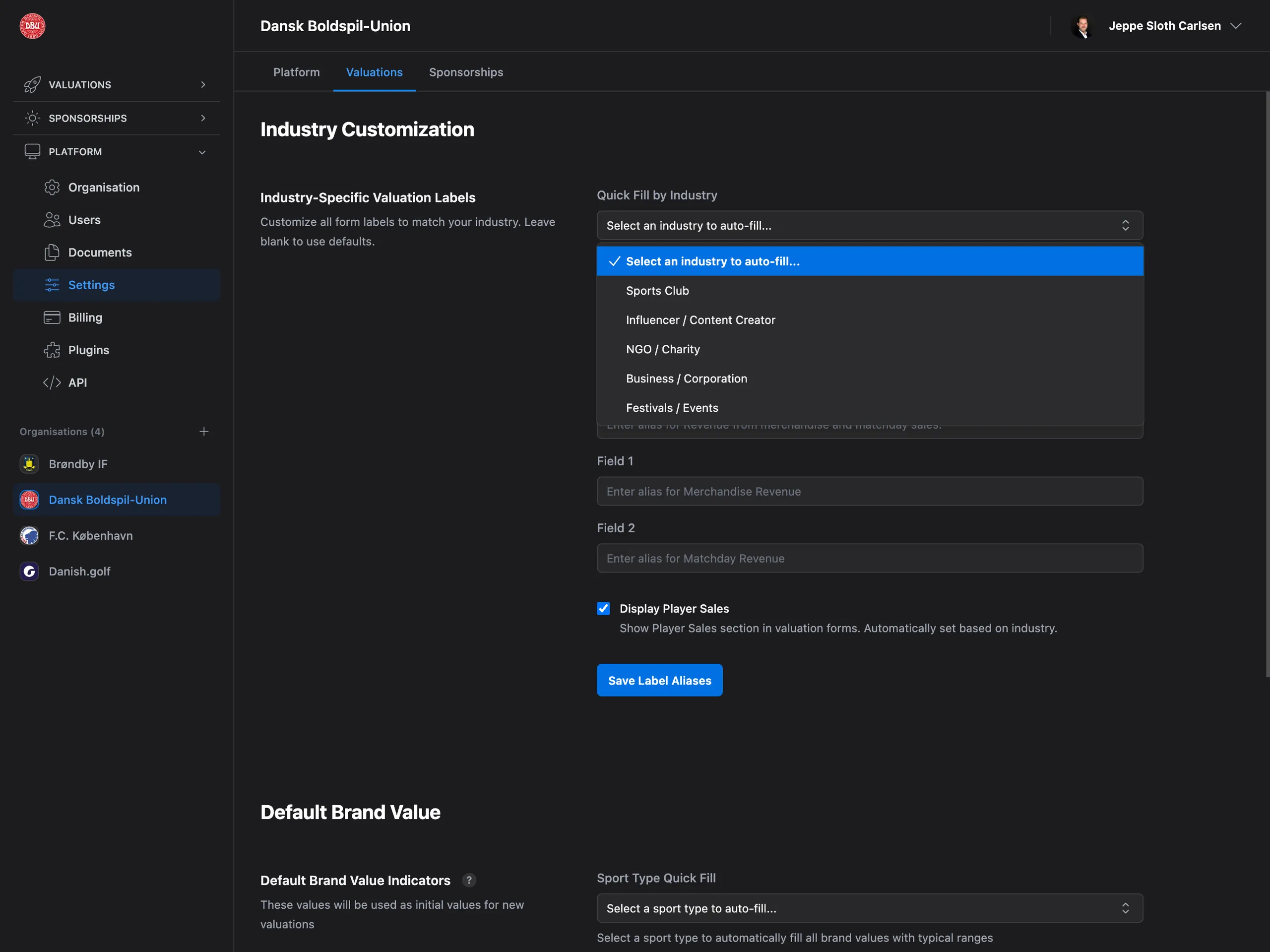 Industry-specific customization settings dashboard featuring tailored metrics for sports clubs, influencers, nonprofits, and businesses, custom field labels, terminology configuration, currency settings, branding options, and global preferences management