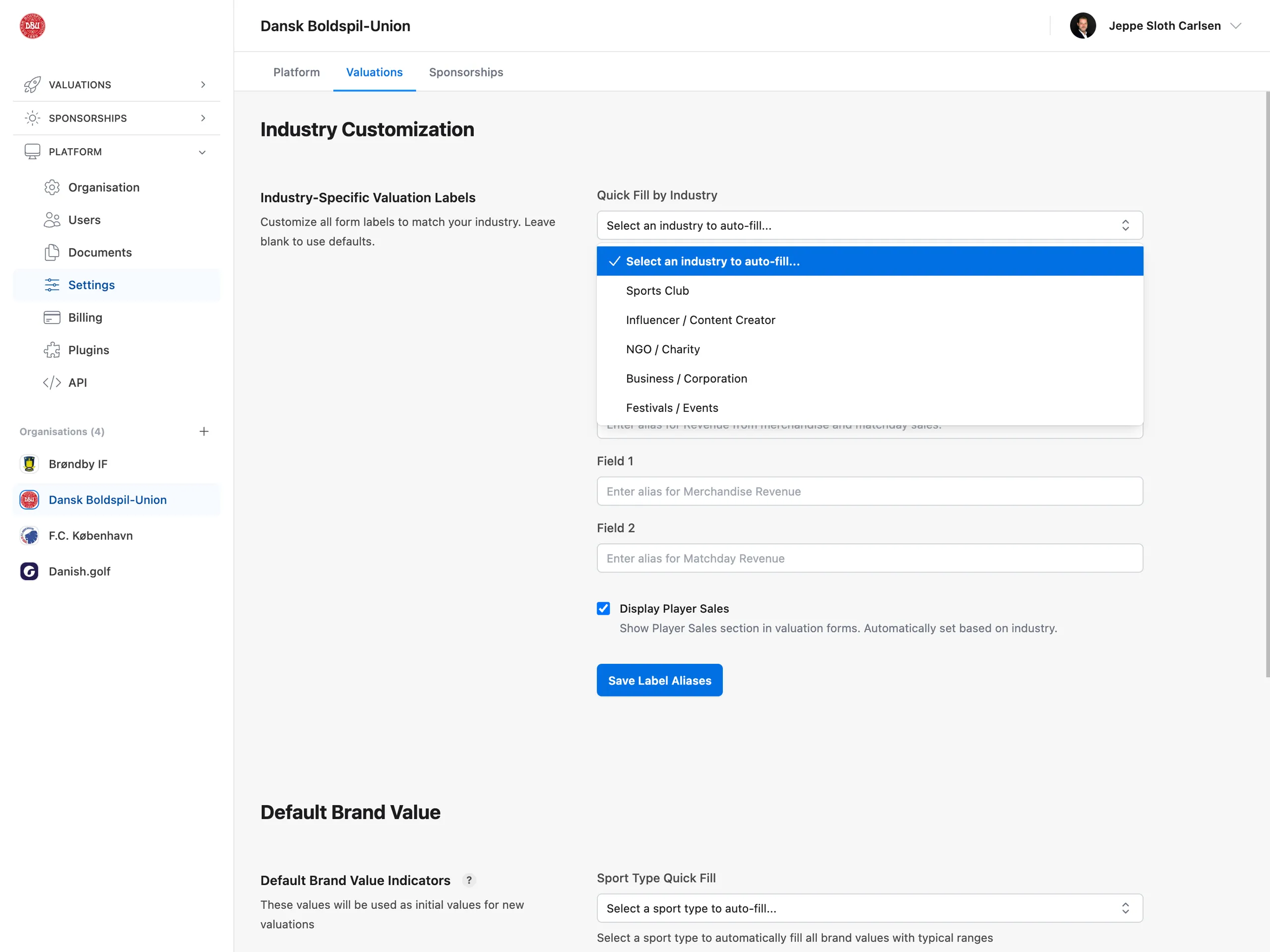 Industry-specific customization settings dashboard featuring tailored metrics for sports clubs, influencers, nonprofits, and businesses, custom field labels, terminology configuration, currency settings, branding options, and global preferences management