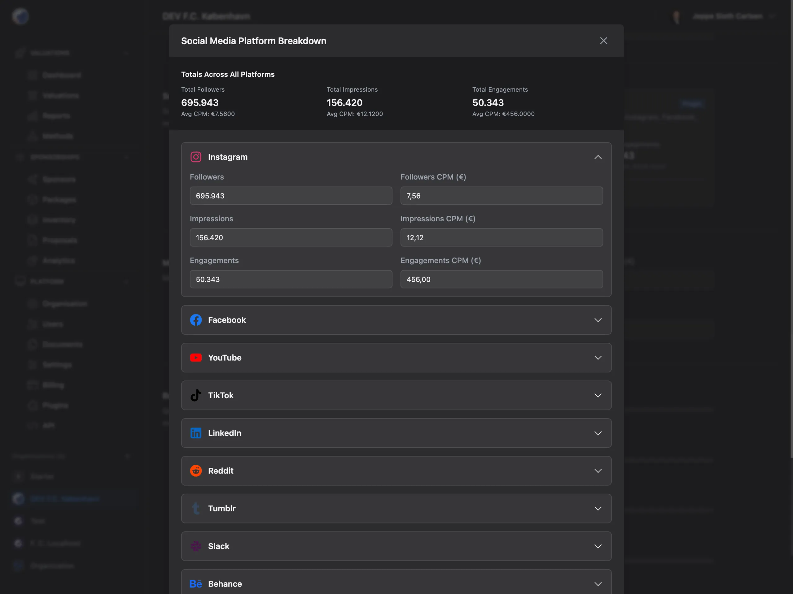 Valiyou Social Media Analytics Dashboard featuring multi-platform engagement tracking, follower growth metrics, post performance analysis, audience demographics breakdown, platform-specific insights for Instagram, Facebook, Twitter, TikTok, LinkedIn, YouTube, reach and impression statistics, and comprehensive social media performance monitoring
