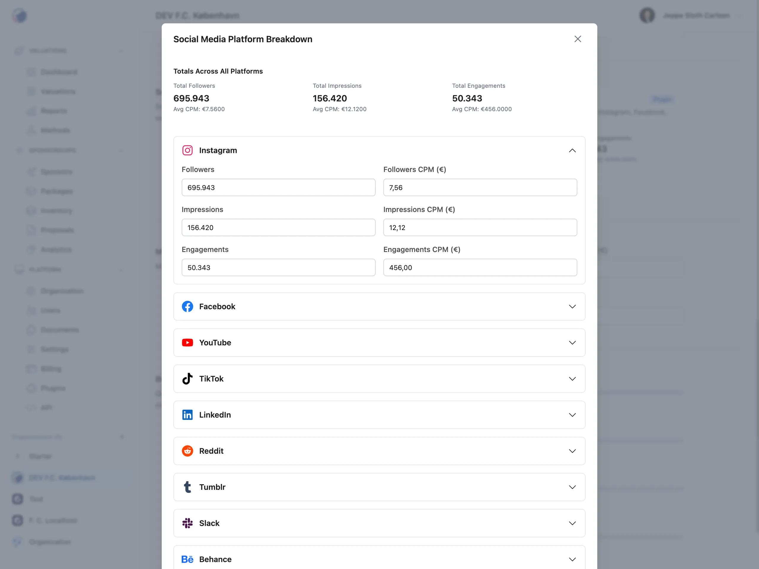 Valiyou Social Media Analytics Dashboard featuring multi-platform engagement tracking, follower growth metrics, post performance analysis, audience demographics breakdown, platform-specific insights for Instagram, Facebook, Twitter, TikTok, LinkedIn, YouTube, reach and impression statistics, and comprehensive social media performance monitoring