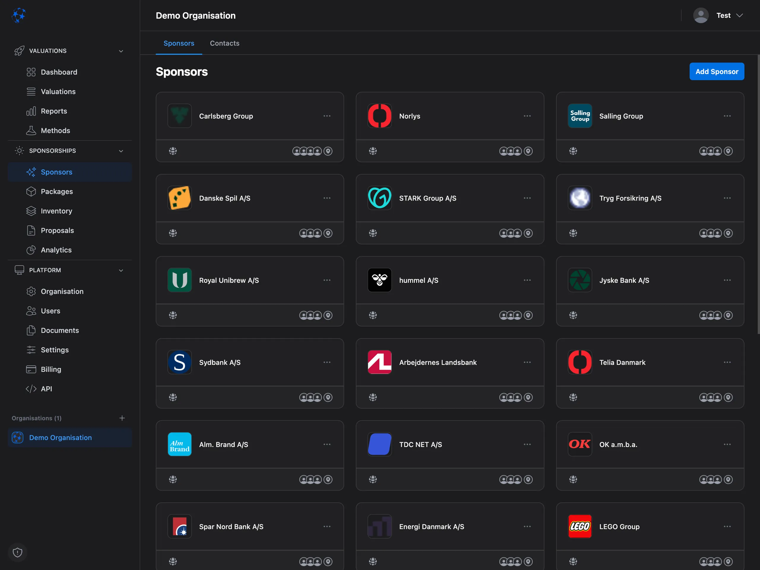 Valiyou Sponsorships Management platform featuring sponsor relationship tracking, customizable sponsorship packages, asset availability overview, professional proposal generation, ROI measurement tools, and partnership performance analytics - comprehensive sponsorship revenue management