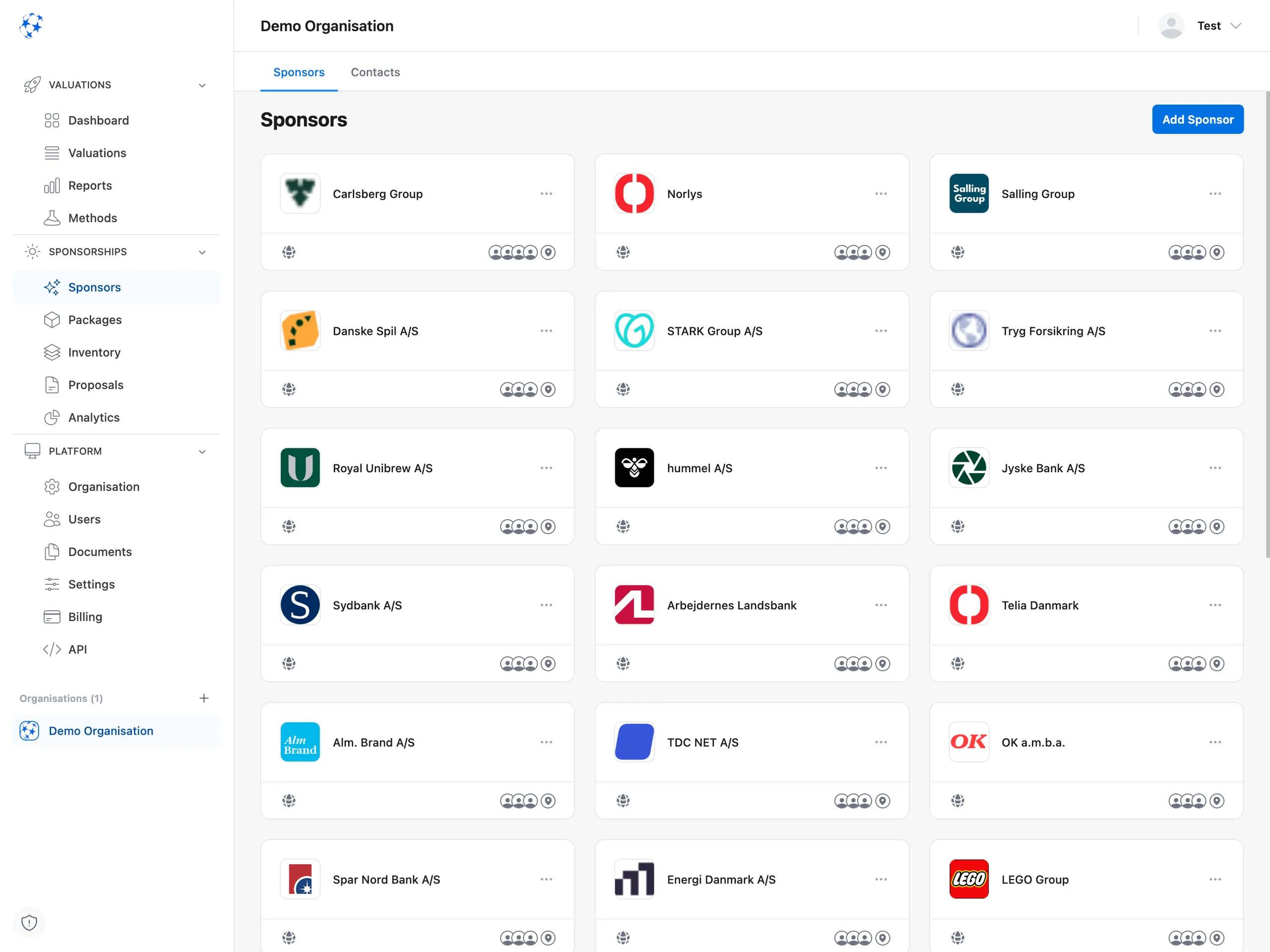 Valiyou Sponsorships Management platform featuring sponsor relationship tracking, customizable sponsorship packages, asset availability overview, professional proposal generation, ROI measurement tools, and partnership performance analytics - comprehensive sponsorship revenue management
