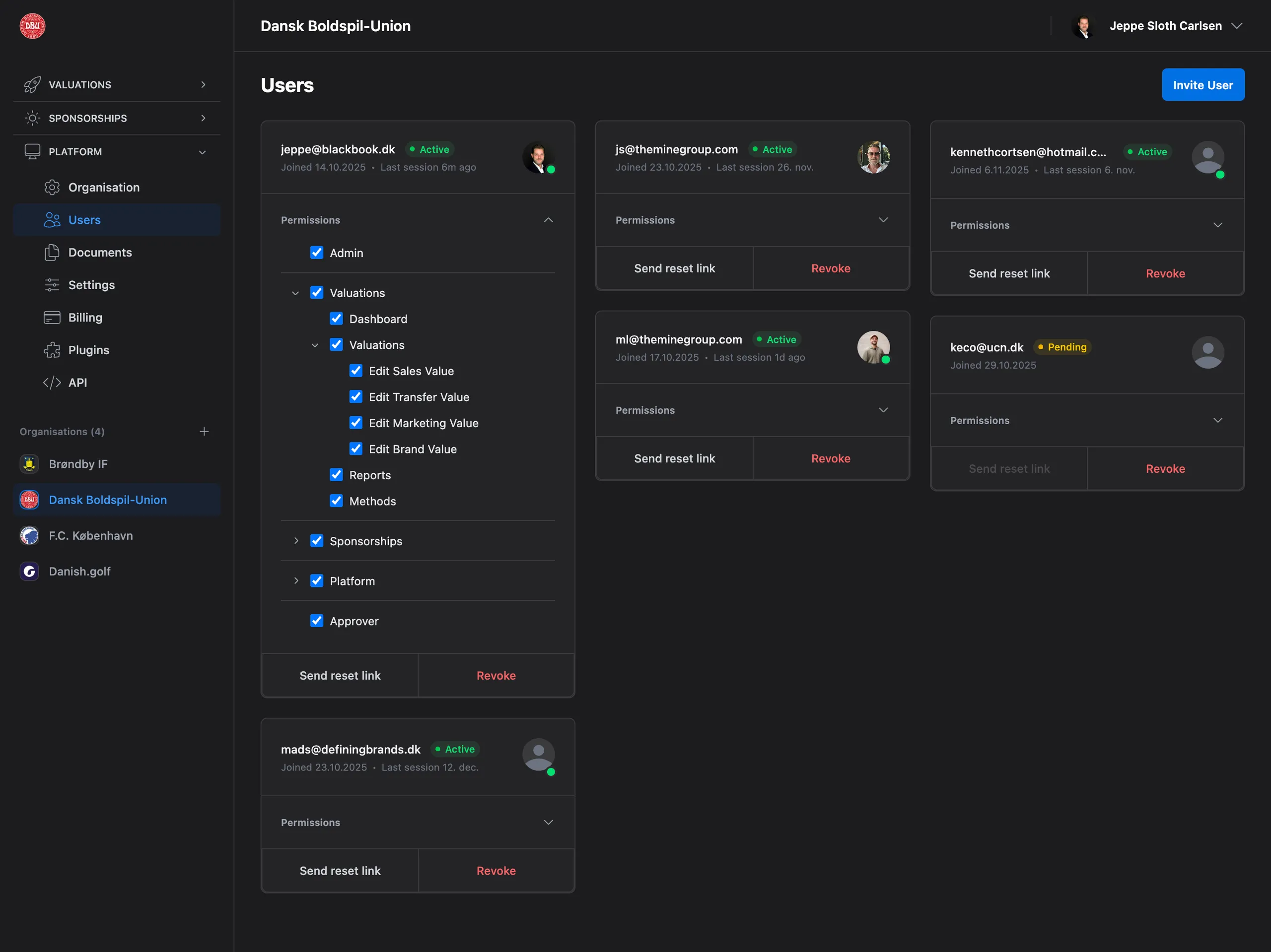 Valiyou User Management dashboard with team member overview, granular permission controls, role-based access settings, team invitation system, user activity tracking, and collaborative workspace management - centralized team administration