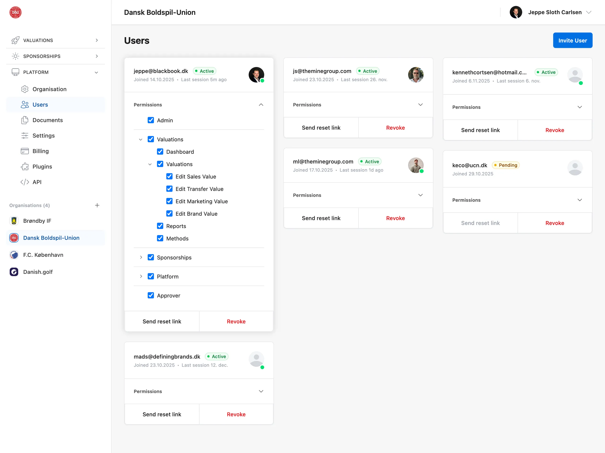 Valiyou User Management dashboard with team member overview, granular permission controls, role-based access settings, team invitation system, user activity tracking, and collaborative workspace management - centralized team administration
